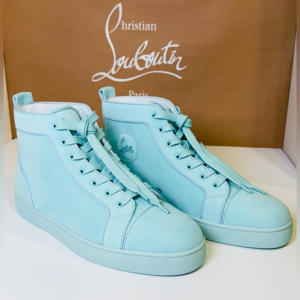 Christian Louboutin Louis Orlato High-top Men’s Sneakers Teal Suede/Velvet EU-44 - Picture 5 of 16